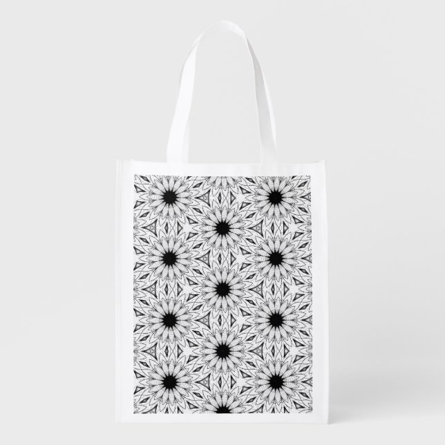 Black White Lace Floral Mandala Pattern Grocery Bag (Front)