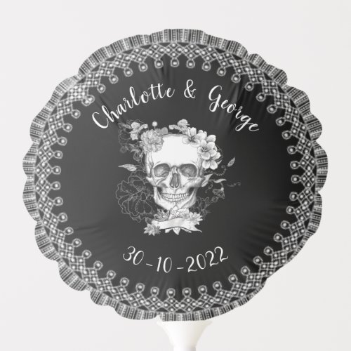 Black White Lace Floral Skull Halloween Wedding Balloon