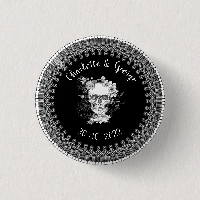 Black White Lace Floral Skull Halloween Wedding Button (Front)