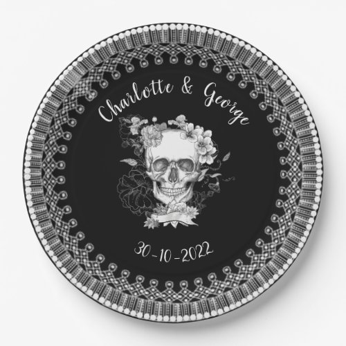 Black White Lace Floral Skull Halloween Wedding Paper Plates