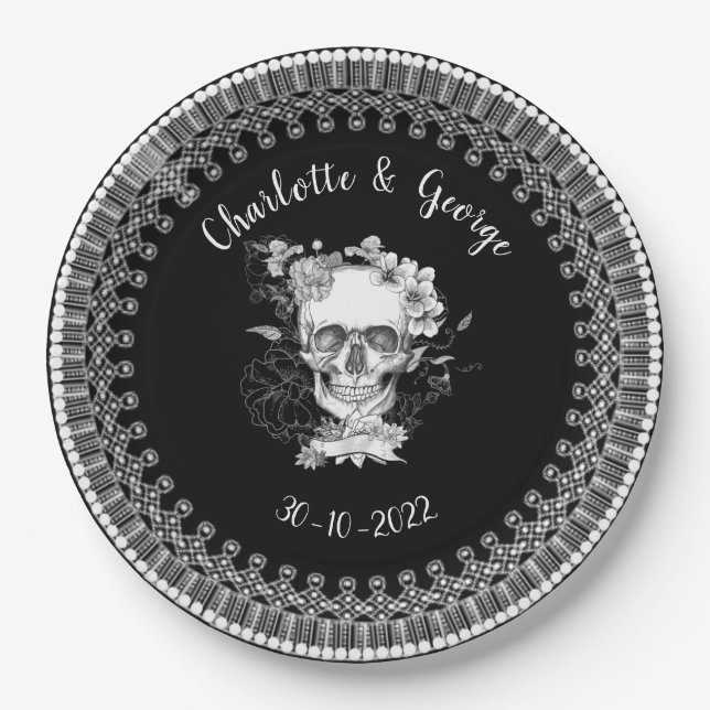 Black White Lace Floral Skull Halloween Wedding Paper Plates (Front)