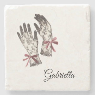 Black White Lace Gloves Burgundy Bow Stone Coaster