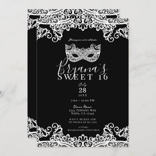 Black  White Lace Masquerade Sweet 16 Party  Invitation