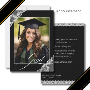 Black White Lace Photo Graduation Announcement