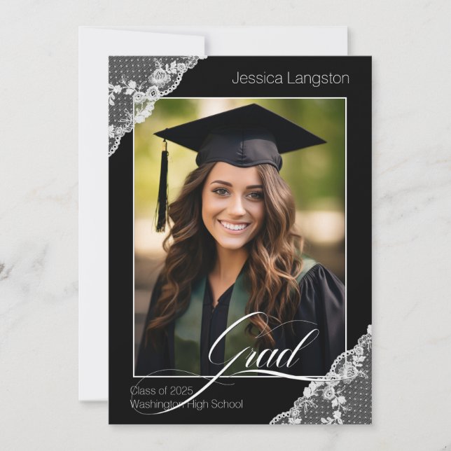 Black White Lace Photo Graduation Party Invitation (Front)