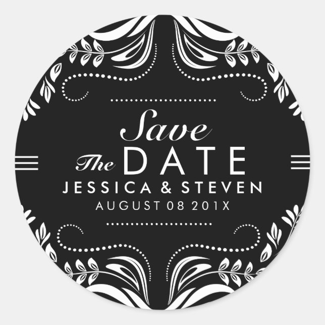 Black & White Lace Save The Date Sticker 2 (Front)