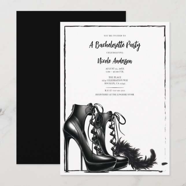 Black White Lace Up High Heels Boa Bachelorette  Invitation (Front/Back)