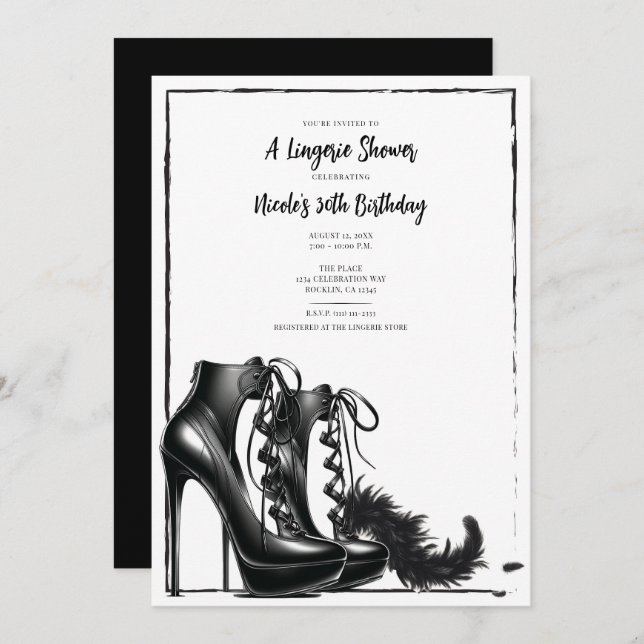 Black White Lace Up High Heels Boa Lingerie Shower Invitation (Front/Back)