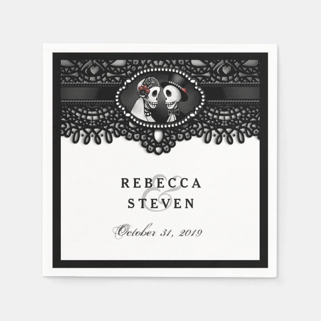 Black & White Lace Wedding Skeleton with Names Napkins (Front)