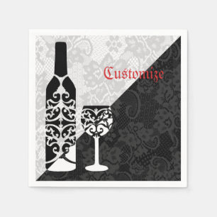 Black & White Lace Wine Bottle Napkins