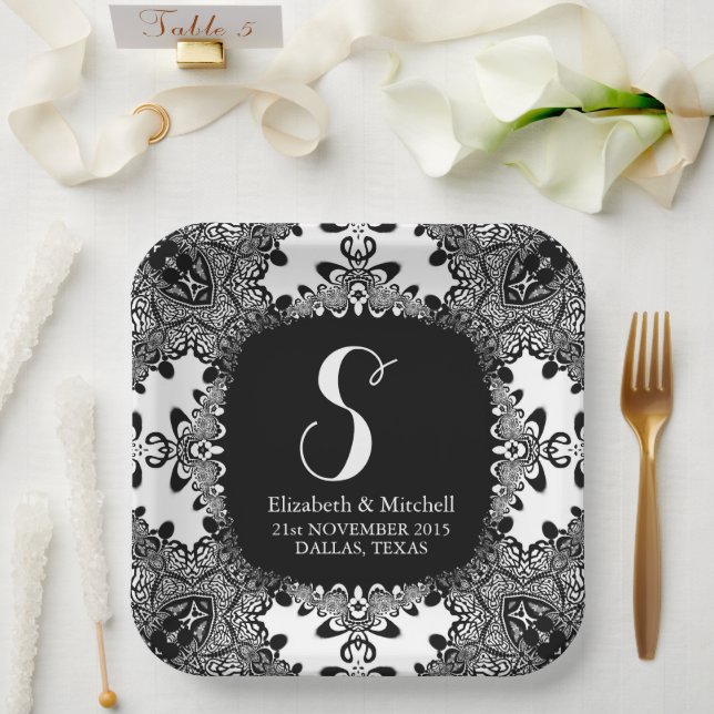 Black White Lacy Tribal Damask Fractal Lace Paper Plates (Wedding)