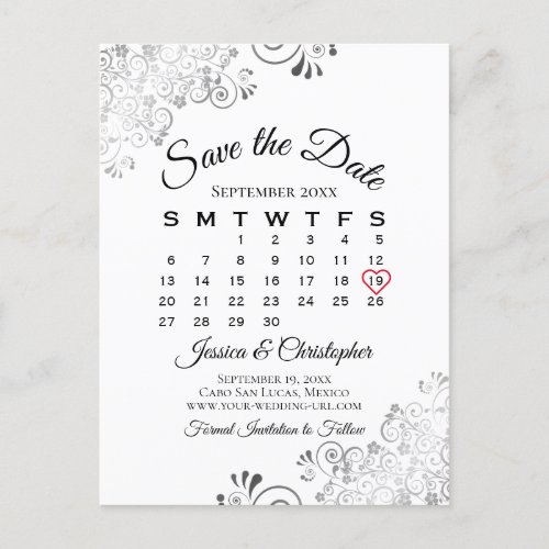 Black  White Lacy Wedding Save the Date Calendar Announcement Postcard