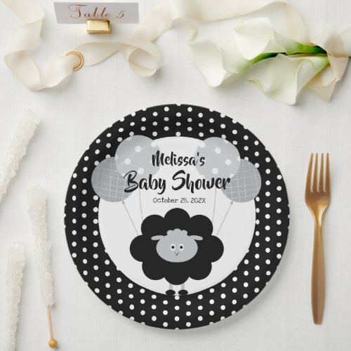 Black White Lamb Cute Sweet Modern Baby Shower Paper Plates