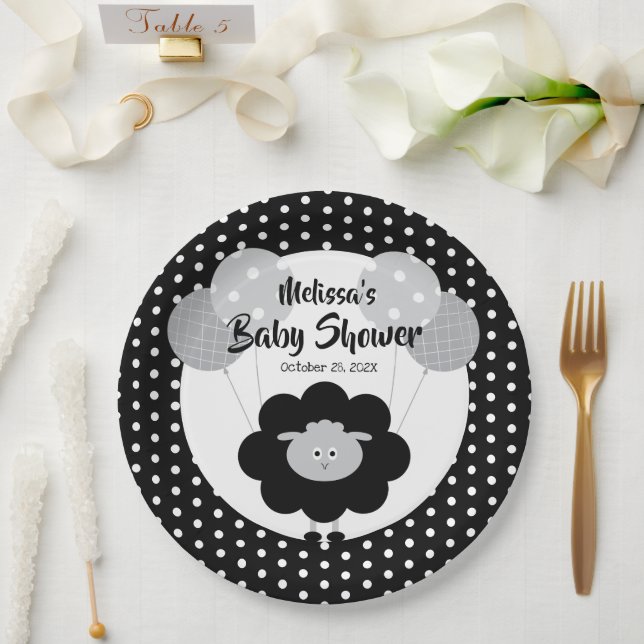 Black White Lamb Cute Sweet Modern Baby Shower Paper Plates (Wedding)