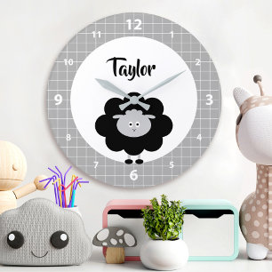 Black White Lamb Kawaii Kid Nursery Script Name Large Clock