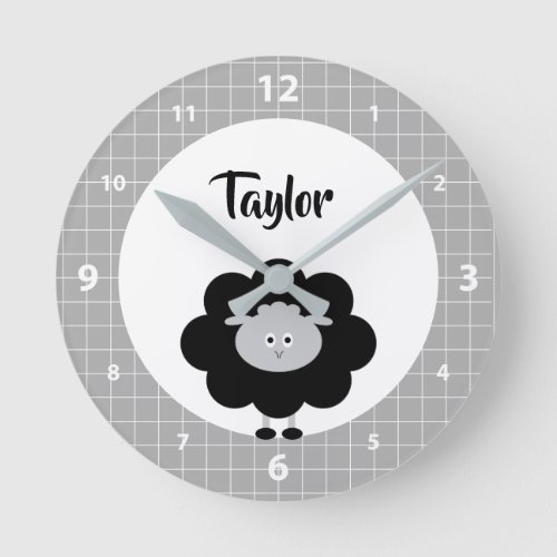 Black White Lamb Kawaii Kid Nursery Script Name Round Clock