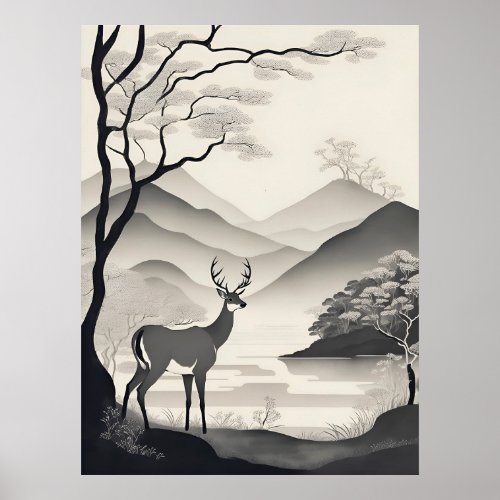 Black  White Landscape Illustration AI Generative Poster