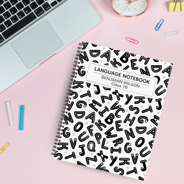 Black & White Language Pattern Spiral Notebook (Black & White Language Pattern Spiral Notebook - Customizable Template )