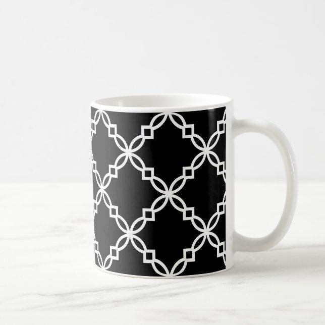 Black White Large Fancy Quatrefoil Pattern Coffee Mug (Right)