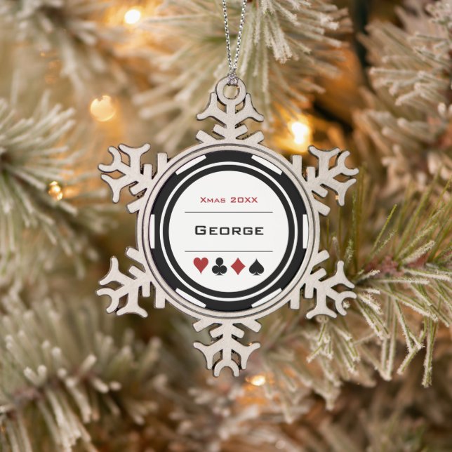 Black White Las Vegas Casino Poker Chip Christmas Snowflake Pewter Christmas Ornament (Tree)