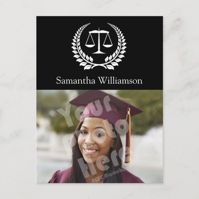 Black/White Laurel Law School Graduation Announcement Postcard (Front)