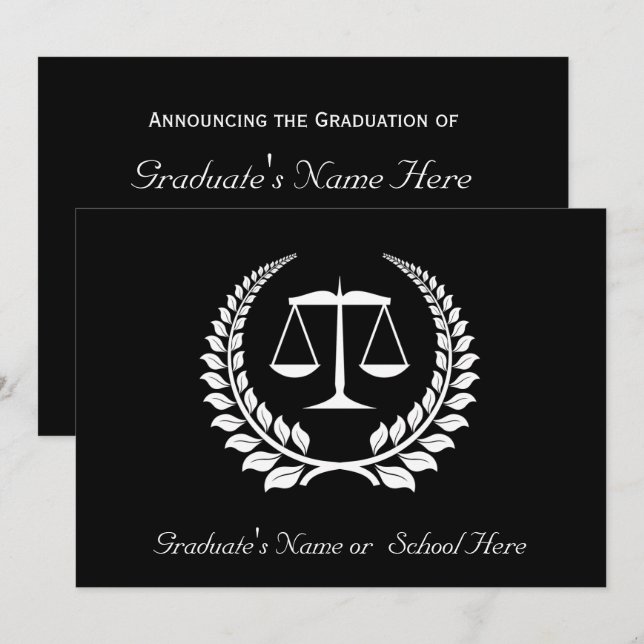 Black/White Laurel Law School Graduation Invitation (Front/Back)