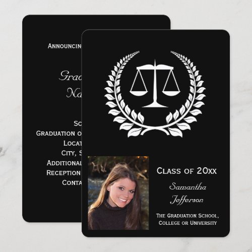 Black/White Laurel Law School Graduation 5x7 Paper Invitation Card