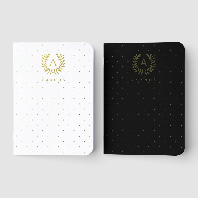 Black White Laurel Monogram Polka Dot Foil Journal (Front)