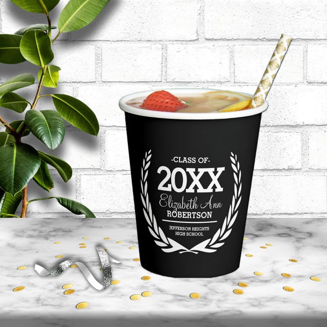 Black|White Laurel Wreath Graduation Class Year Paper Cups (Creator Uploaded)
