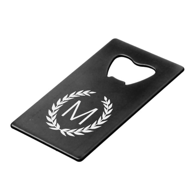 Black & White Laurel Wreath Monogram Credit Card Bottle Opener (Front Angled)