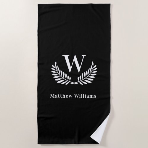 Black white laurel wreath name monogram beach towel