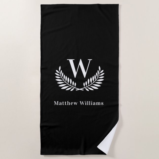 Black white laurel wreath name monogram beach towel (Front)