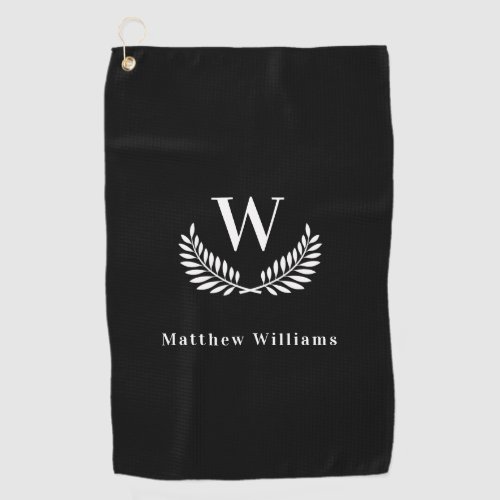 Black white laurel wreath name monogram golf towel