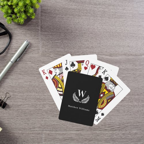 Black white laurel wreath name monogram poker cards