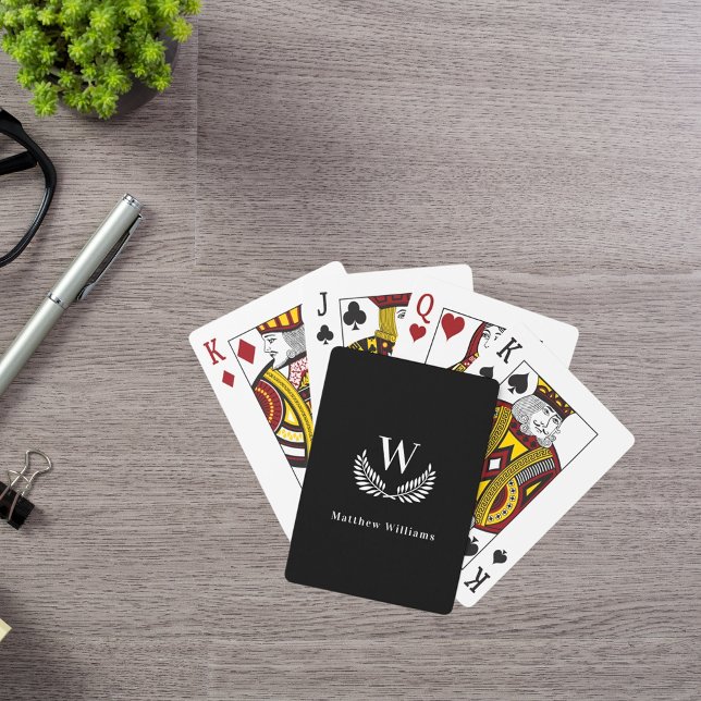 Black white laurel wreath name monogram poker cards (Creator Uploaded)
