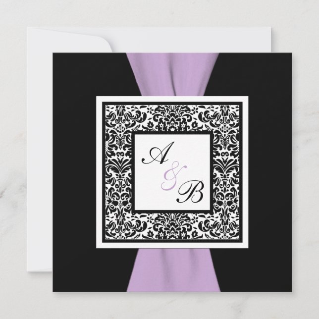 Black White Lavender Damask PRINTED RIBBON Invitation (Front)