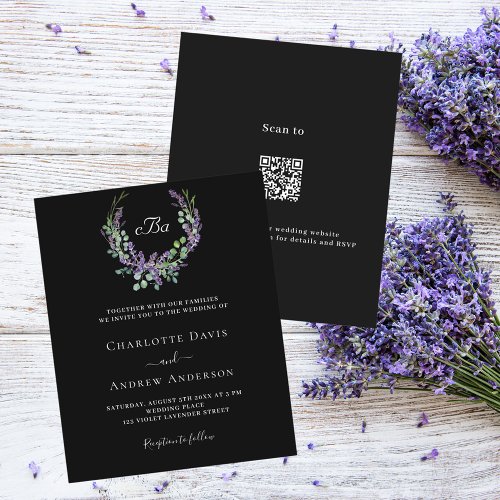 Black white lavender floral QR RSVP budget wedding