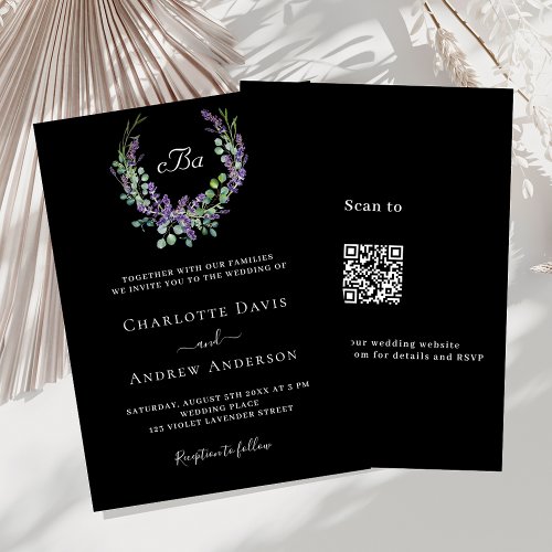 Black white lavender floral QR RSVP luxury wedding Invitation