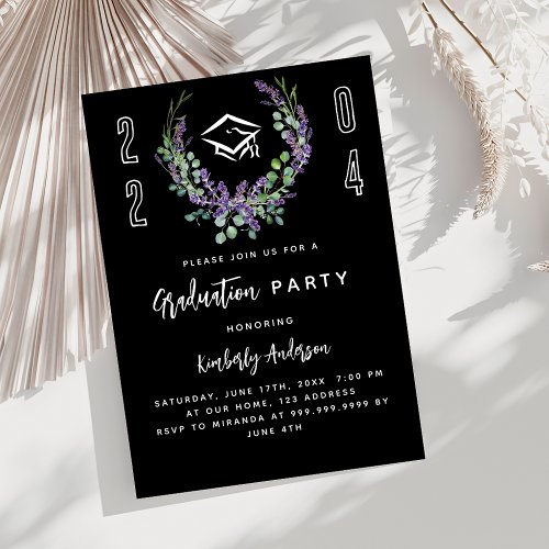 Black white lavender florals 2024 Graduation Party Invitation