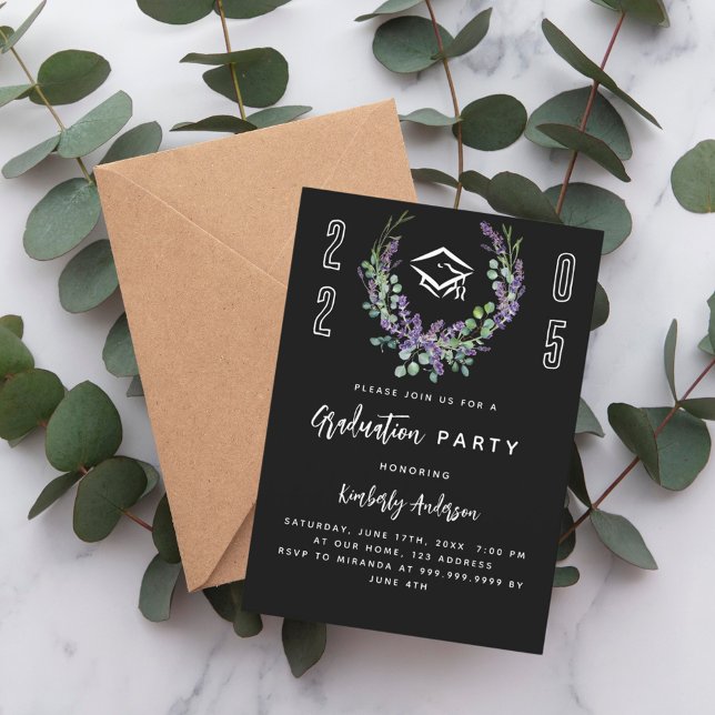 Black white lavender florals 2025 Graduation Party Invitation (Creator Uploaded)