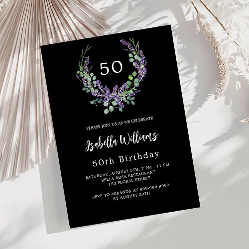 Black white lavender violet floral luxury birthday invitation