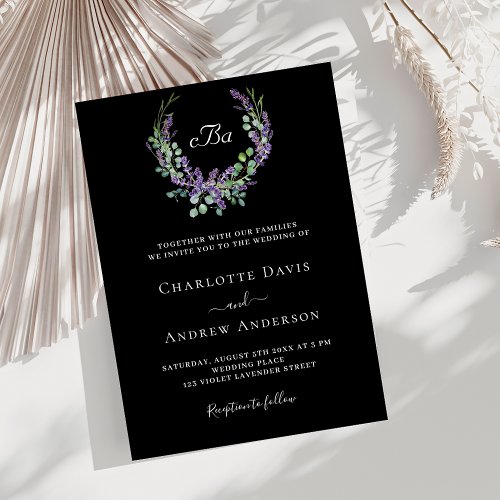 Black white lavender violet florals wedding invitation