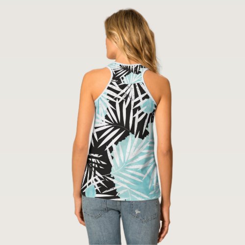 Black White Leaf and Light Blue Womens Tank Top