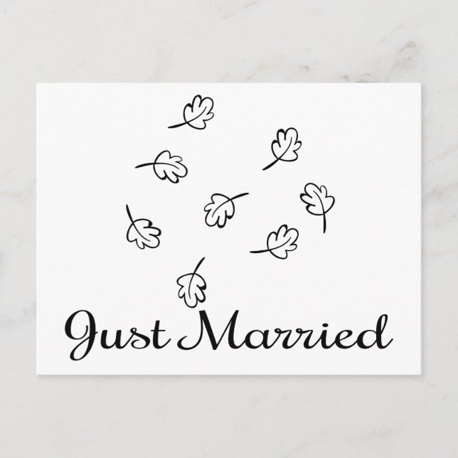 Black & White Leaf Just Married Wedding Leaves Announcement Postcard (Front)