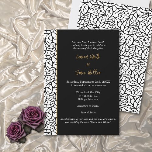 Black  White Leaf Pattern Border Wedding Invitation