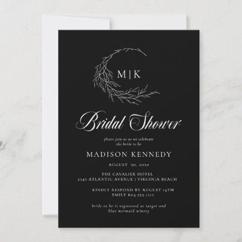 Black White  Leafy Crest Monogram Bridal Shower  Invitation