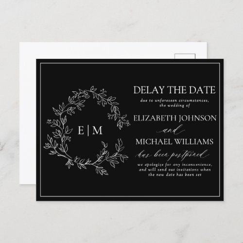 Black White Leafy Crest Monogram Delay The Date Invitation Postcard