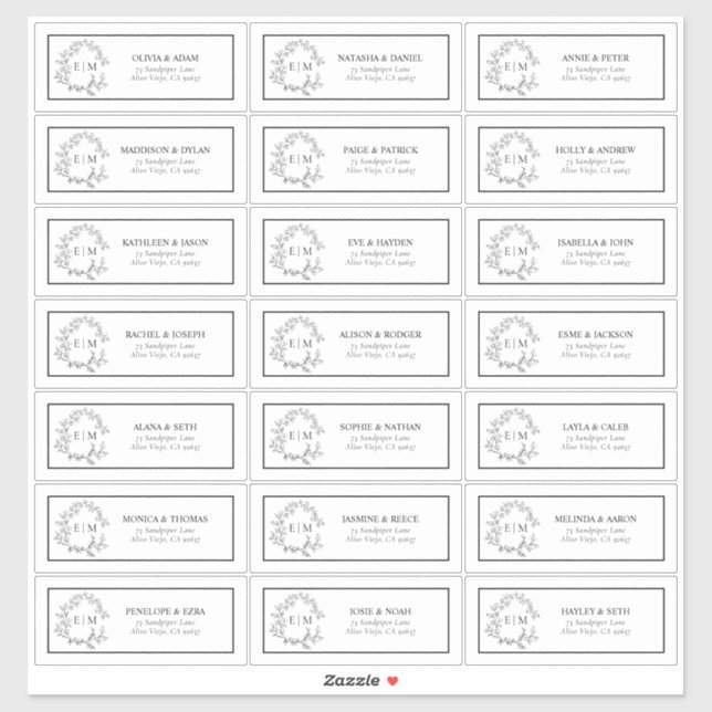 Black & White Leafy Crest Monogram Guest Address S Sticker (Sheet)