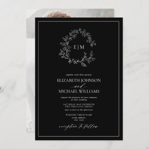 Black White Leafy Crest Monogram Photo Wedding Invitation - We're loving this trendy, modern black and white photo wedding invitation! Simple, elegant, and oh-so-pretty, it features a hand drawn leafy wreath encircling a modern wedding monogram. It is personalized in elegant typography, and accented with hand-lettered calligraphy. Finally, it is trimmed in a delicate frame and the back of the card showcases your favorite engagement photo. Veiw suite here: 
https://www.zazzle.com/collections/black_white_leafy_crest_monogram_wedding-119655862125661501 Contact designer for matching products to complete the suite, OR for color variations of this design. Thank you sooo much for supporting our small business, we really appreciate it! 
We are so happy you love this design as much as we do, and would love to invite
you to be part of our new private Facebook group Wedding Planning Tips for Busy Brides. 
Join to receive the latest on sales, new releases and more! 
https://www.facebook.com/groups/622298402544171  
Copyright Anastasia Surridge for Elegant Invites, all rights reserved.