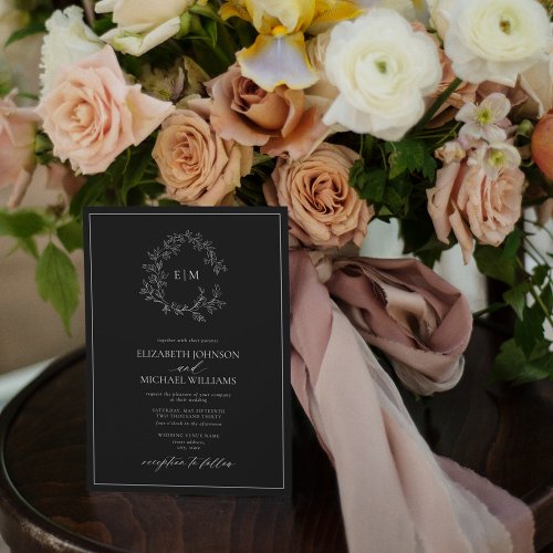 Black White Leafy Crest Monogram Photo Wedding Invitation